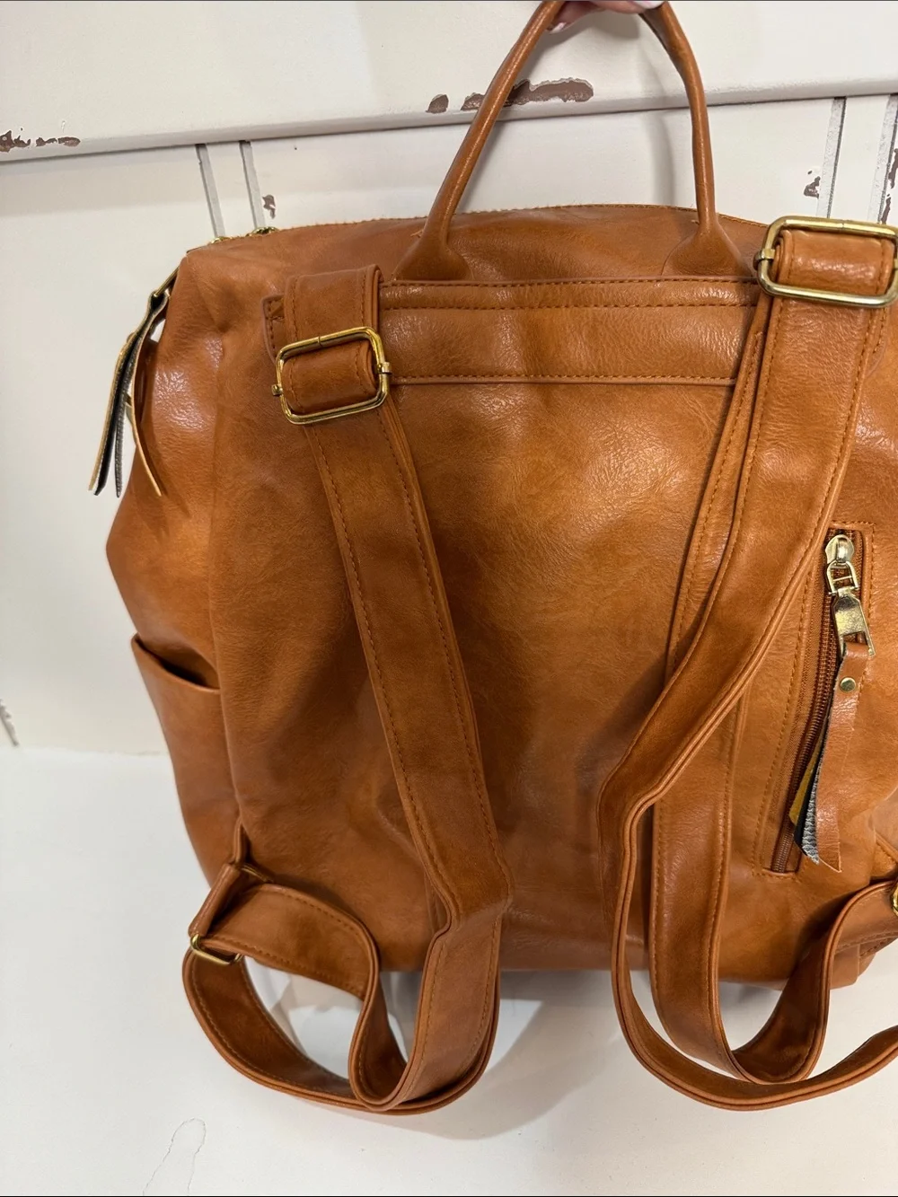 Women's Tan Faux Leather Backpack with Front Pockets